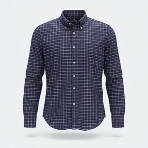 Stafford Travel Shirt Size 15.5 32-33 Navy Red White Plaid Wrinkle Free Oxford